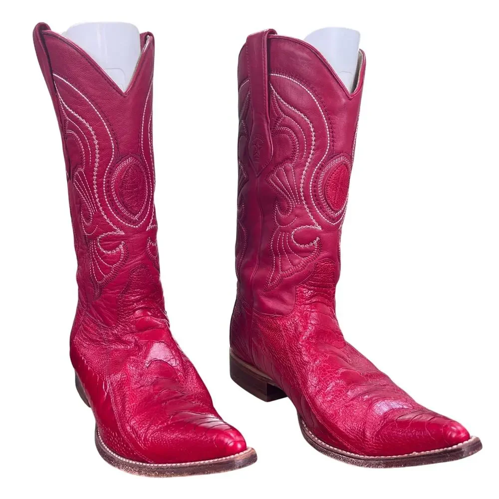 Los Altos Red Ostrich Leg Wide Cowboy Boots Size 9.5 EE